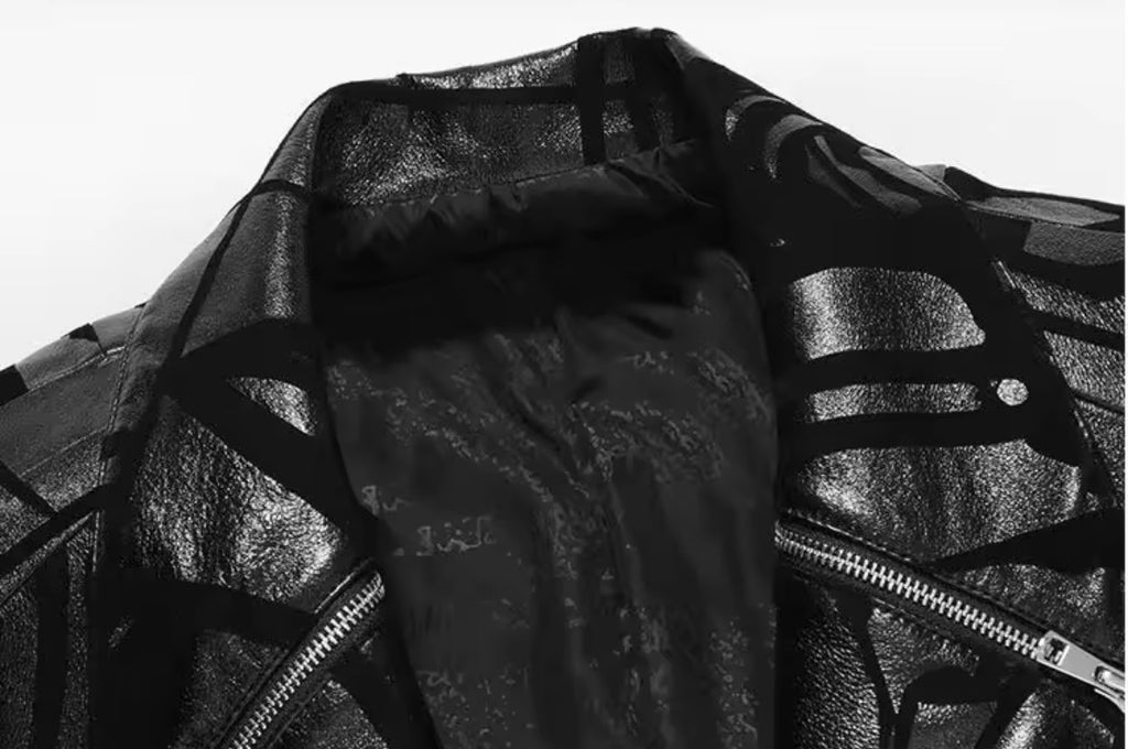 Men’s Genuine Sheepskin Leather Trench Coat – Black Graphic Print Real Leather Long Jacket