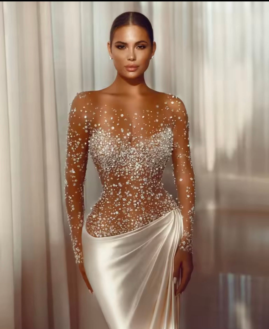 Custom Illusion Beaded Wedding Dress, Sheer Luxury Bridal Gown, Mermaid Silhouette with jewelry set