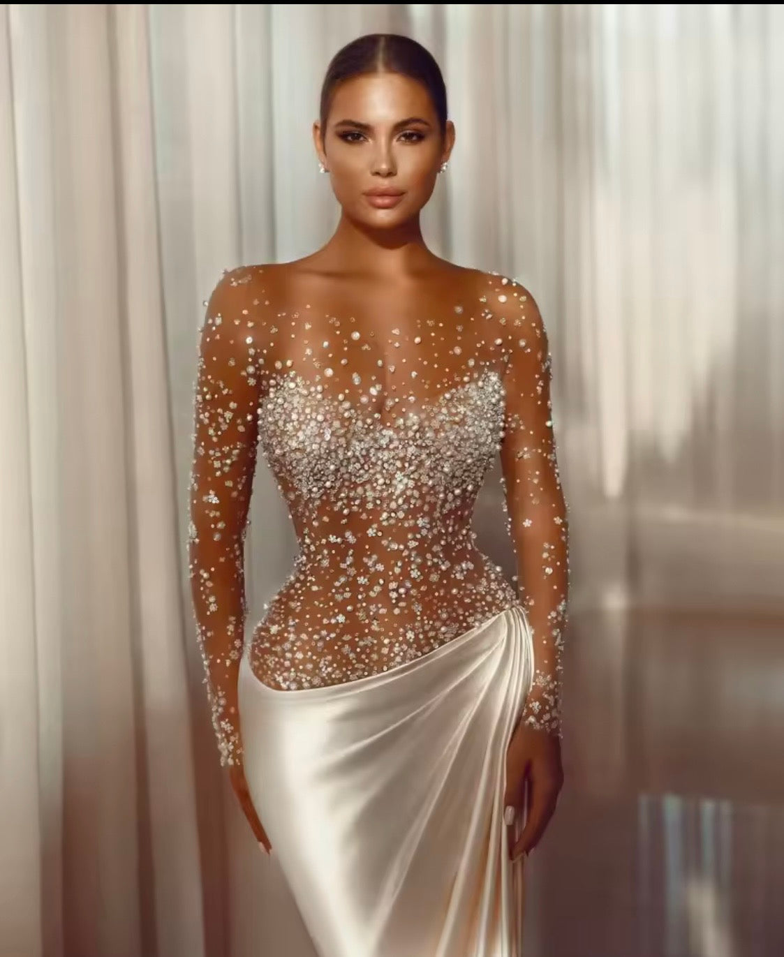 Custom Illusion Beaded Wedding Dress, Sheer Luxury Bridal Gown, Mermaid Silhouette