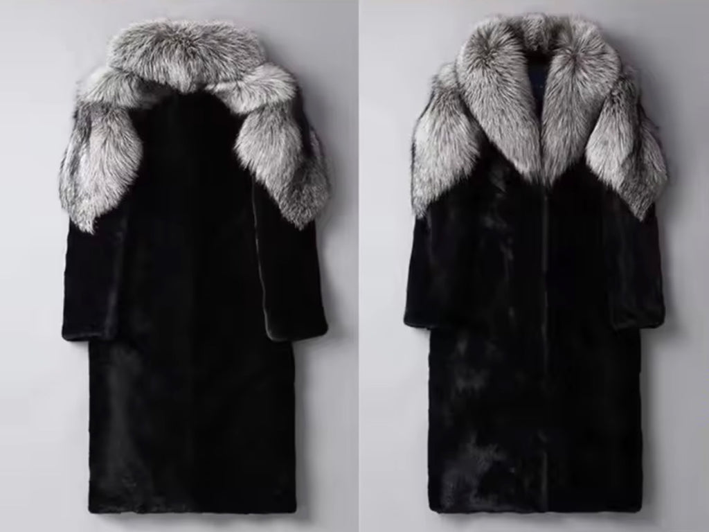 Luxury Faux Fur Long Coat for Men with Silver Fox Collar