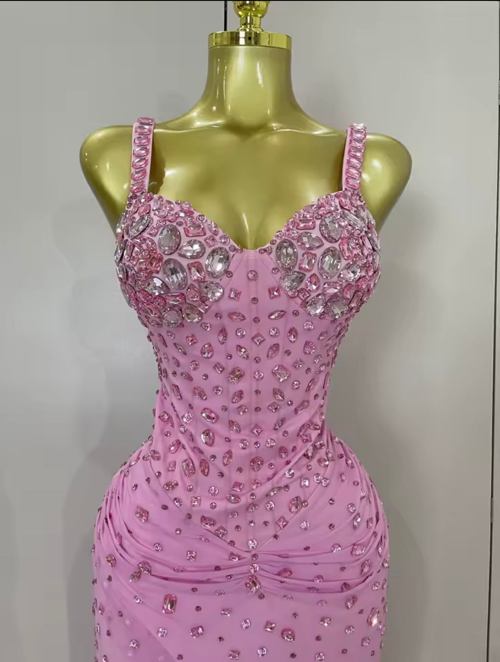 Pink Crystal Rhinestone Evening Gown, Formal Prom Dress, Glamour Bodycon Corset Maxi Dress, Sparkly Birthday Gala Dress, High Slit Gown
