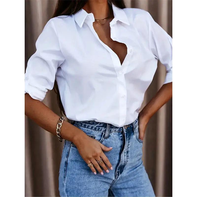 Women's Casual Long Sleeve Button-Down Shirt With Roll-Up Sleeves, Stylish Mid-Length Blouse For Everyday Wear JNi3 shop