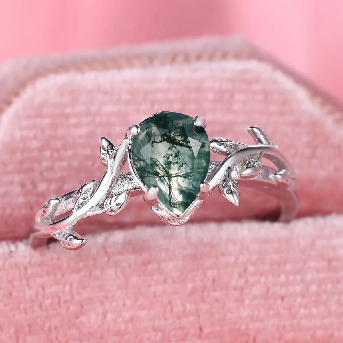 S925 Silver Drop-shaped Agate Edge Branch Leaf Ring - JNi3 shop