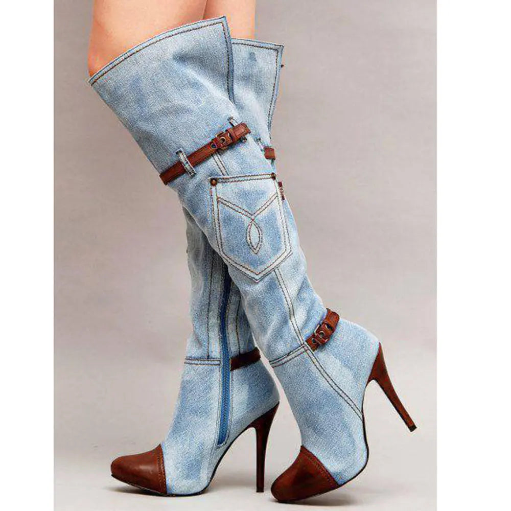 Women's Denim Plus Size Boots Stitching High Heel Knee-high Boots Dropshipman