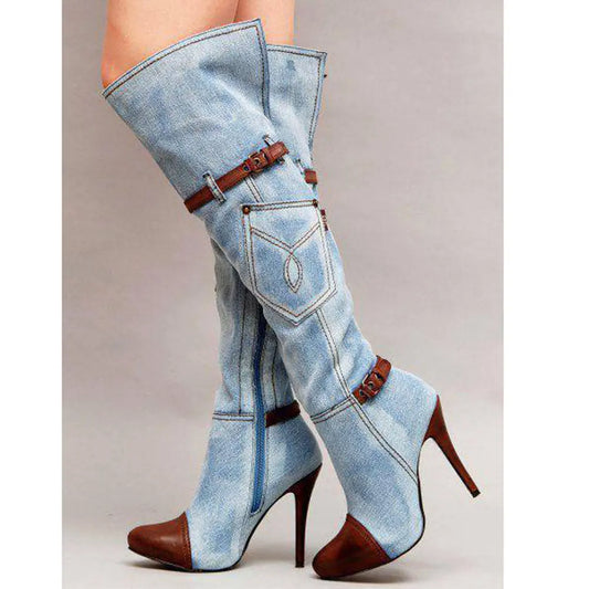 Women's Denim Plus Size Boots Stitching High Heel Knee-high Boots Dropshipman