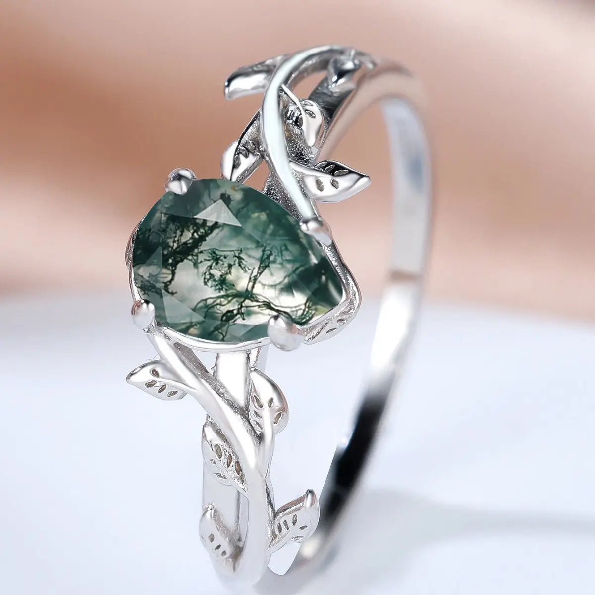 S925 Silver Drop-shaped Agate Edge Branch Leaf Ring - JNi3 shop