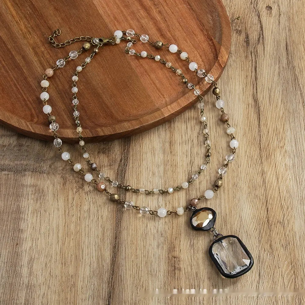 Fashion Tribal Style 2-layer Natural Stone Glass Chain Necklace JNi3 shop