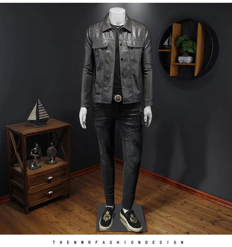 Men's Long-sleeved Lapel Motorcycle Pu Handsome Leather Coat Cjdropshipping