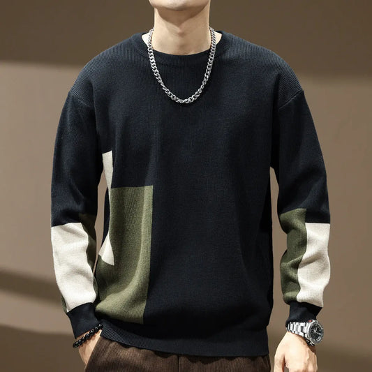 High Sense Color Contrast Patchwork Male Loose-fitting Oversized Sweater Dropshipman