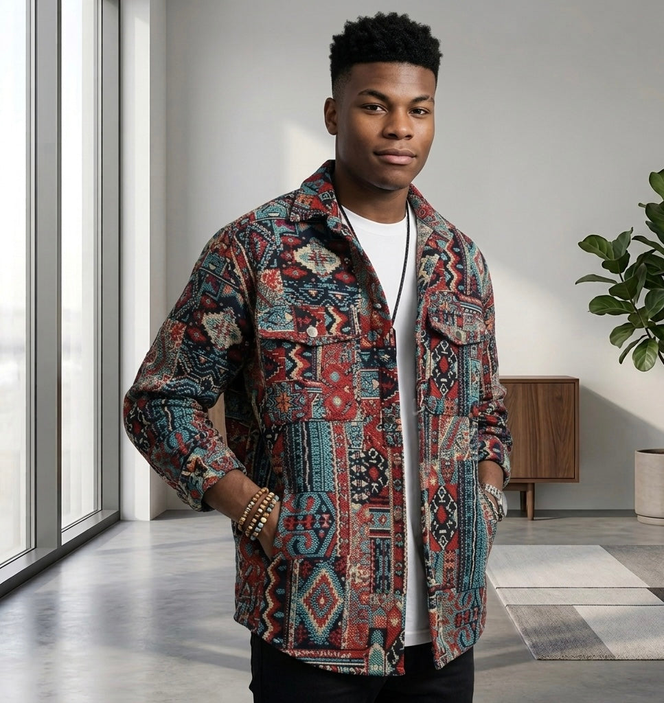 Thick Retro Men's Tapestry Jacket | Vintage Inspired Graffiti and Solar System Streetwear Shacket | Heavyweight Patterned Button-Down Coat
