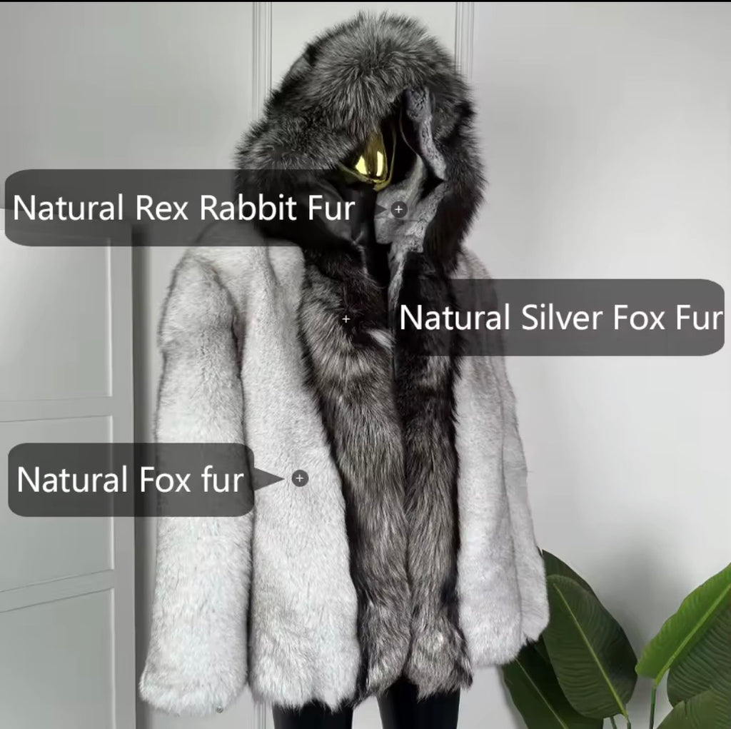 Men's Real Fox Fur & Rex Rabbit Fur Lined Winter Jacket | Luxury Hooded Outerwear with Silver Fox Trim