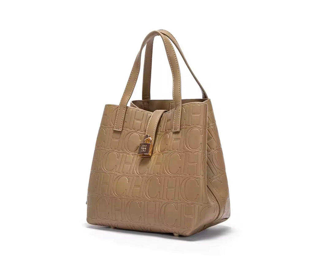 Designer-Inspired Embossed Monogram Tote Bag – Luxury PU Leather Top-Handle Handbag & Crossbody Purse with Lock Detail