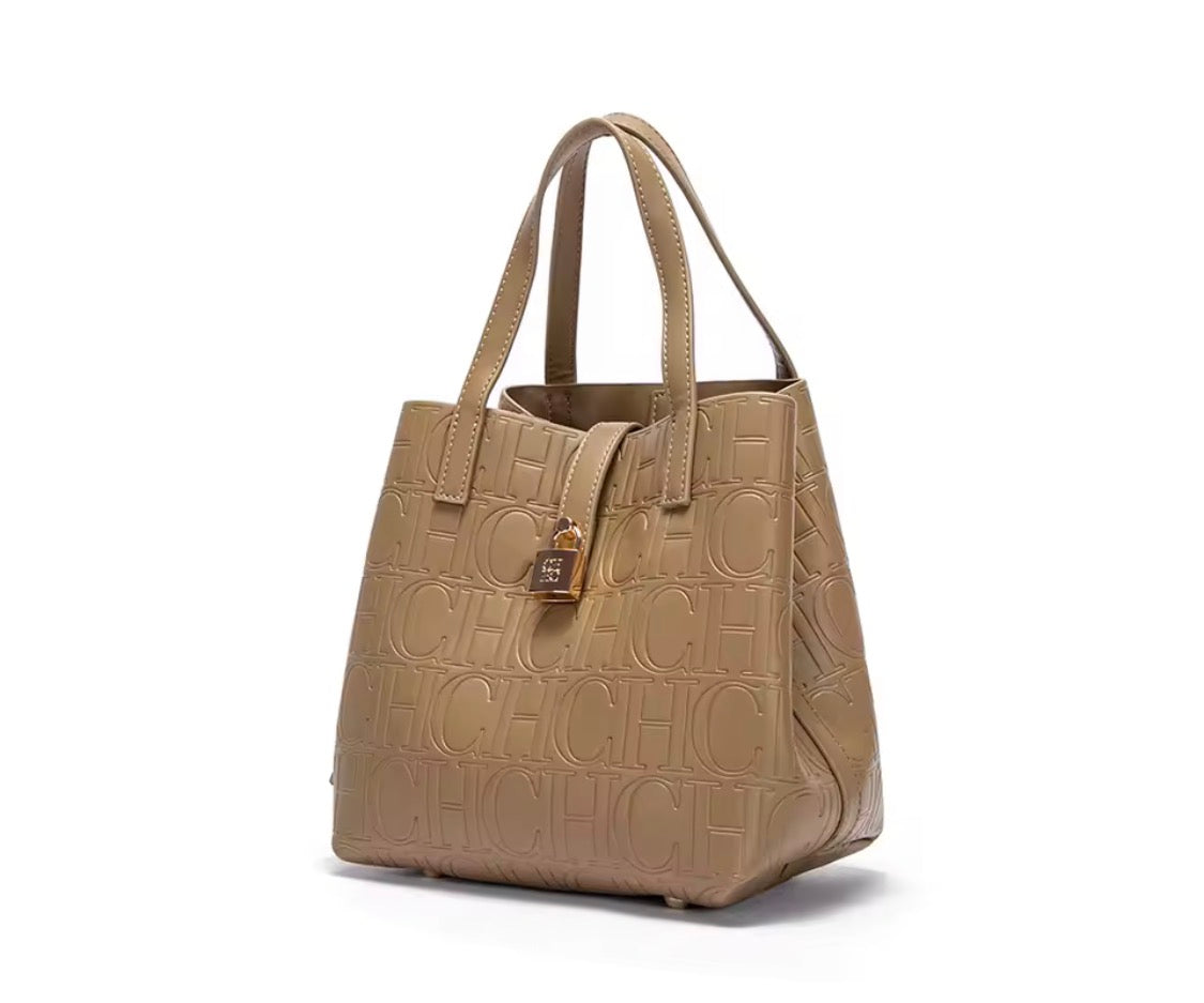 Designer-Inspired Embossed Monogram Tote Bag – Luxury PU Leather Top-Handle Handbag & Crossbody Purse with Lock Detail