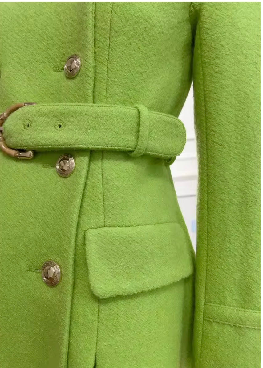 Lime Green Double Breasted Elegant Pleated A-Line Belted Woolen Trench Coat