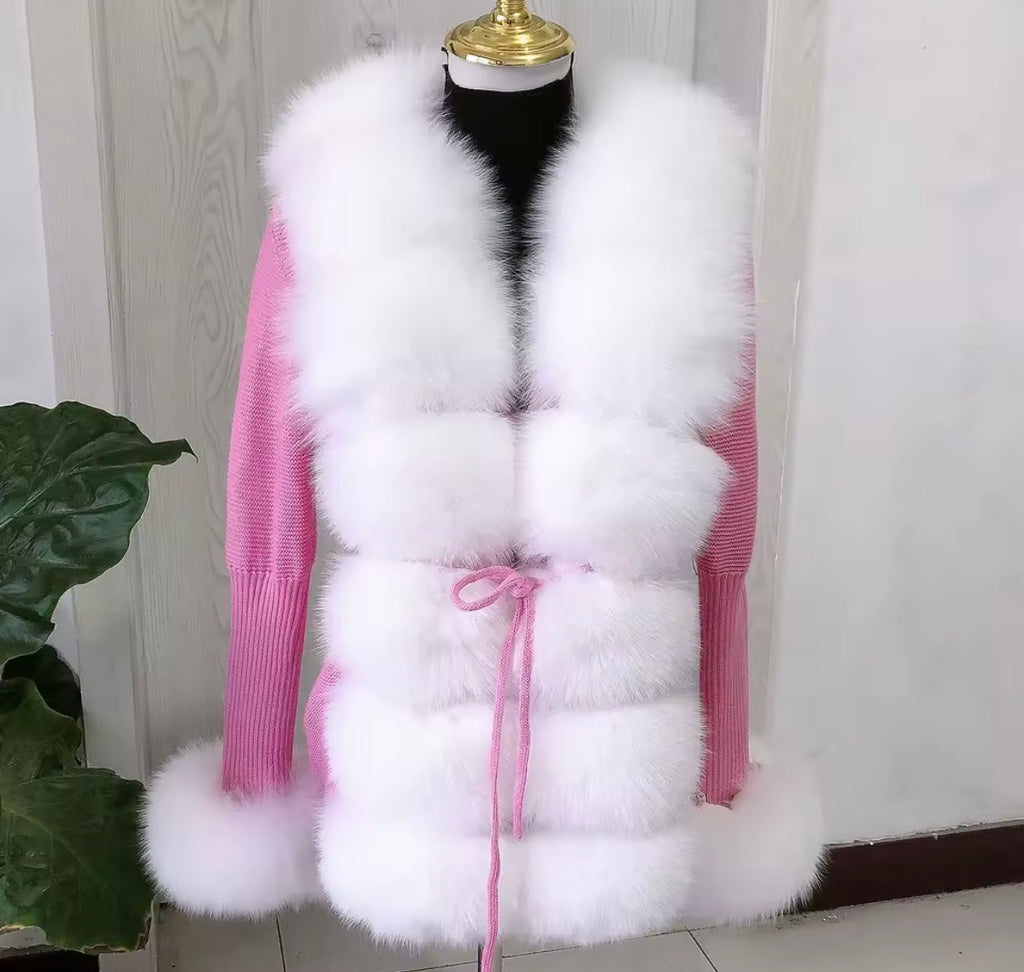 Luxury Real Fox Fur Cardigan with Sleeves & Cuffs | Handcrafted Knit Wool Blend Sweater with Genuine Fox Fur Trim