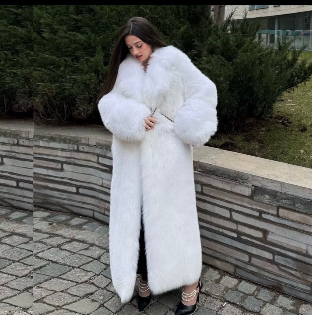 Luxury Women's White Faux Over Coat - Elegant Long Faux Fur Jacket with Oversized Collar for Winter