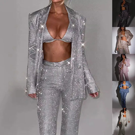 3pcs Shiny Long-sleeved Suit With Bra Lapel Blazer And Straight-leg Trousers Fashion Party Jacket Set For Women Clothing Cjdropshipping