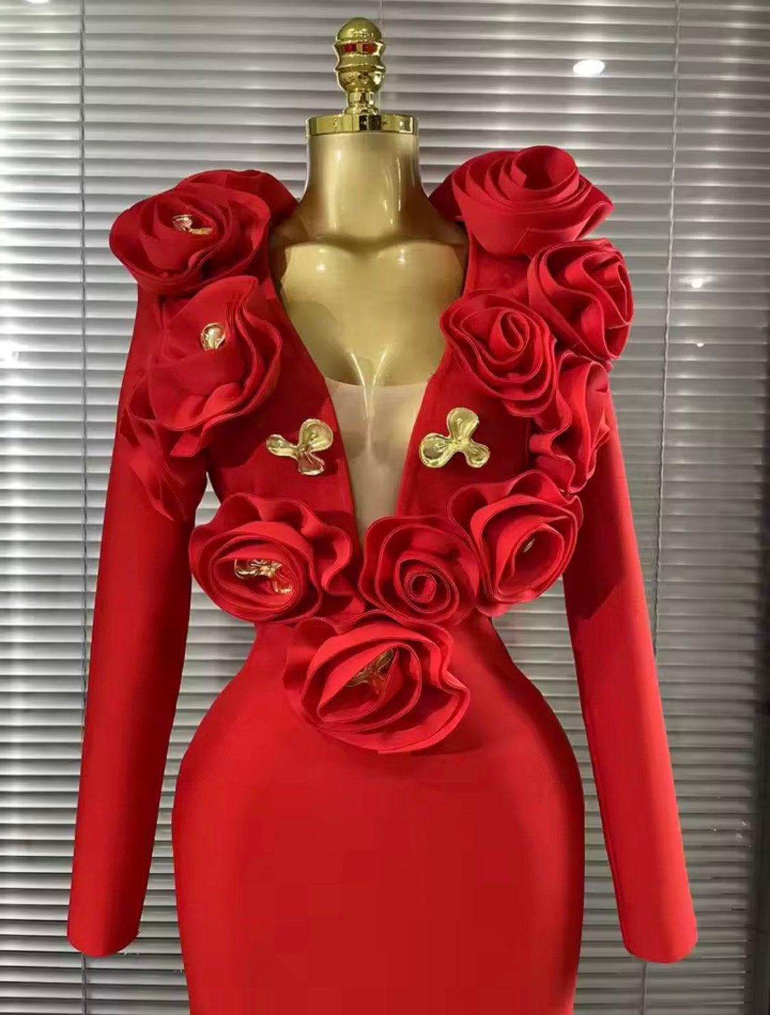 Luxury 3D Rose Floral Accent Long Sleeve Maxi Bandage Dress – Elegant Evening Gown