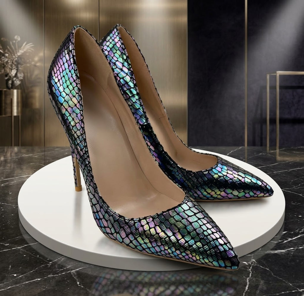 Iridescent Metallic Snake-Scale High Heels, Pointed Toe Stilettos
