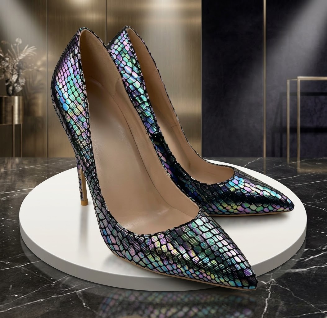 Iridescent Metallic Snake-Scale High Heels, Pointed Toe Stilettos