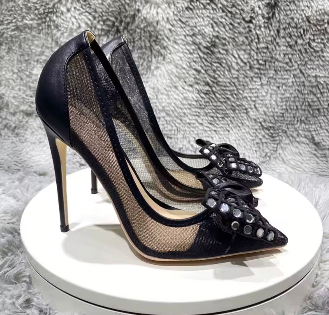 Black Lace Mesh High Heels with Bow Accents | Pointed Toe Stiletto Pumps | Pearl, Rhinestone & Classic Lace Wedding & Evening Shoeshine