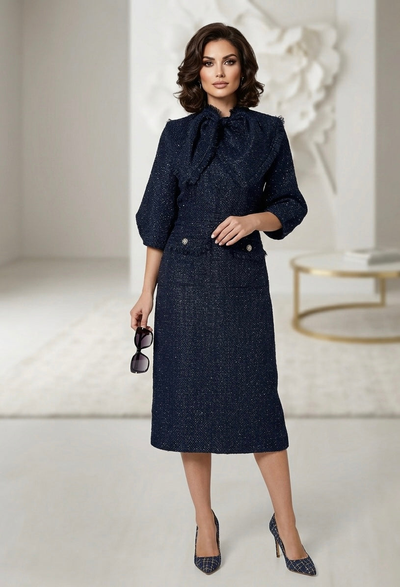 Navy Blue Tweed Belted Midi Dress and Pointed-Toe 12cm Stiletto Pump Set | 2-Piece