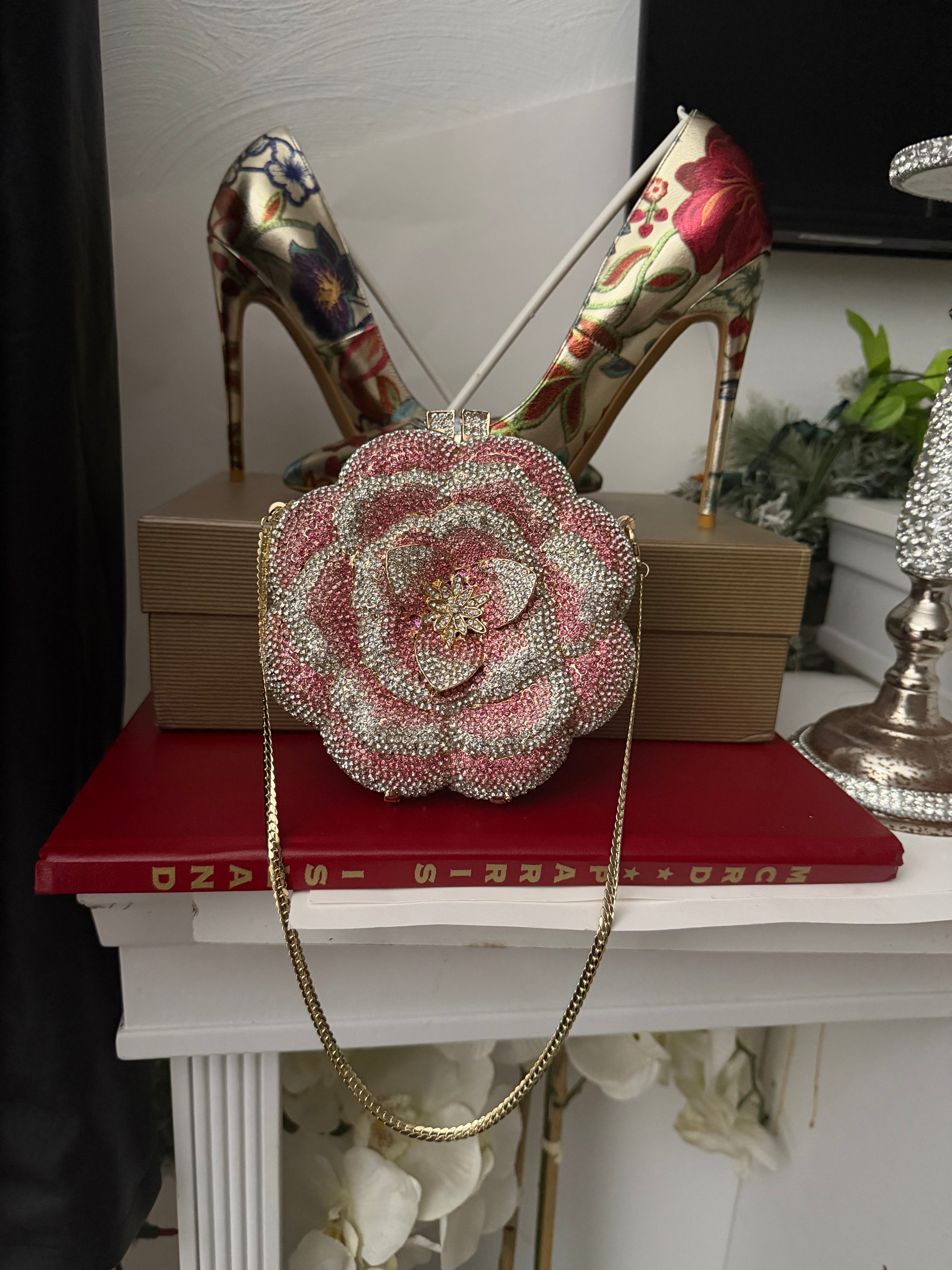 Floral Embroidered Heels and Crystal Clutch Set | Wedding Shoes Matching Bag | Bridal Evening Party Pumps | Luxury Formal Occasion Set