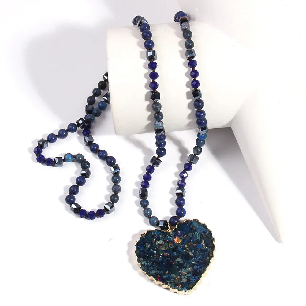 Glass Necklace Gravel Heart Pendant Sweater Chain JNi3 shop