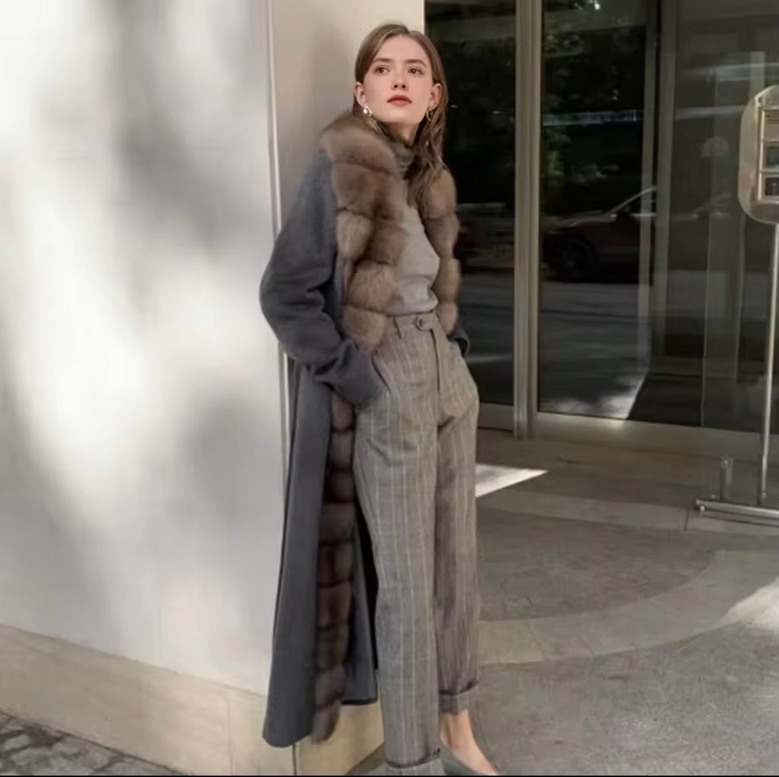 Long Luxury Wool & Cashmere Blend Coat for Women – Winter Warmth with a Genuine Silver Fox Fur Trim & Belted Waist
