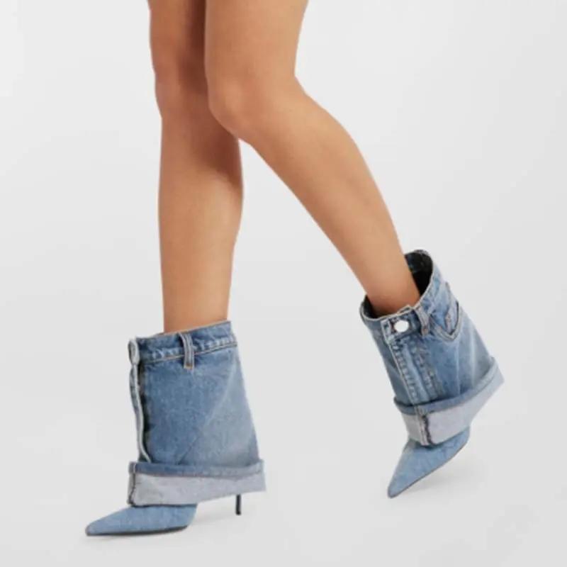 Pointed-toe Washed Denim Pantskirt Stiletto Heel Ankle Boots Cjdropshipping