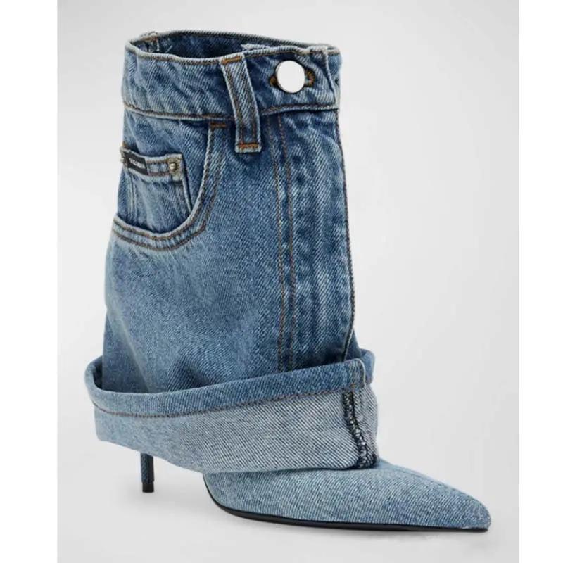 Pointed-toe Washed Denim Pantskirt Stiletto Heel Ankle Boots Cjdropshipping