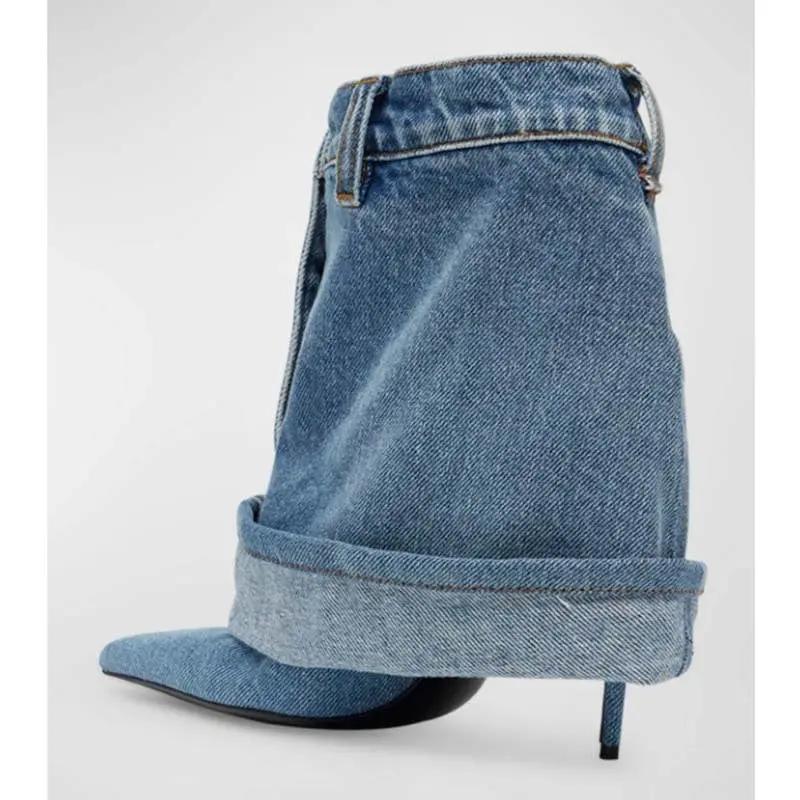 Pointed-toe Washed Denim Pantskirt Stiletto Heel Ankle Boots Cjdropshipping