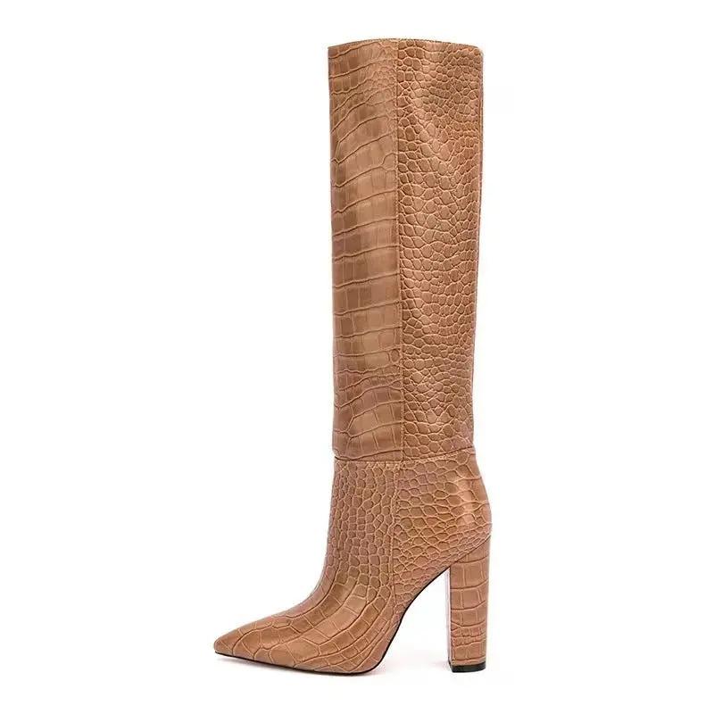 High Leg Boot Chunky Heel European And American Crocodile Pattern Cjdropshipping
