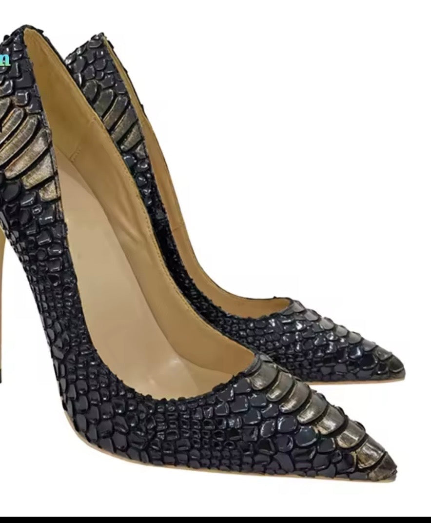 Serpentine Ensemble: Snake Print Maxi Dress, Charcoal Handbag & Stilettos | Complete Outfit, Animal Print Fashion