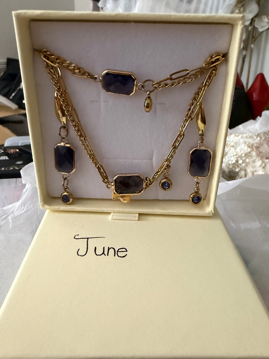 18k Gold PVD Birth Month double layered pendant Necklace, Bracelet and Earrings 3 pce set.