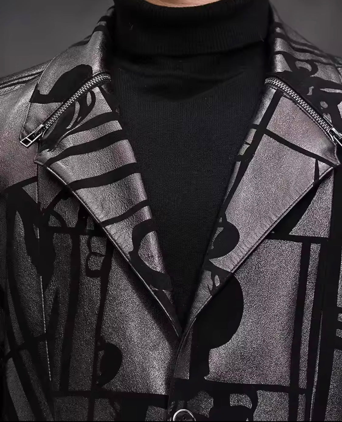 Men’s Genuine Sheepskin Leather Trench Coat – Black Graphic Print Real Leather Long Jacket