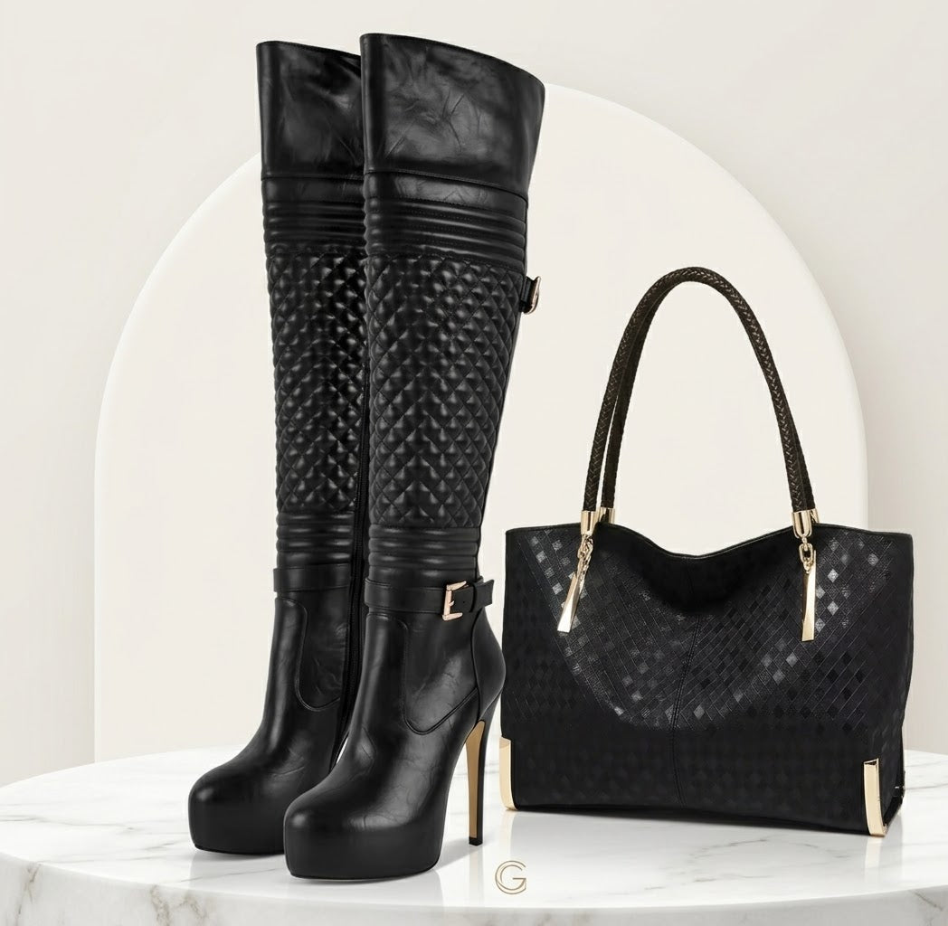 Black Boot and Bag Set | Croc Embossed Ankle Booties or Quilted Over The Knee Boots with Matching Shoulder Bag Set