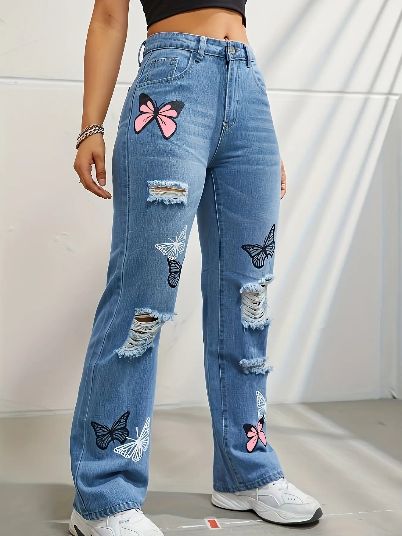 High Waisted Straight Leg Jeans For Women Trendy Butterfly Print Ripped Distressed Denim Pants JNi3 shop