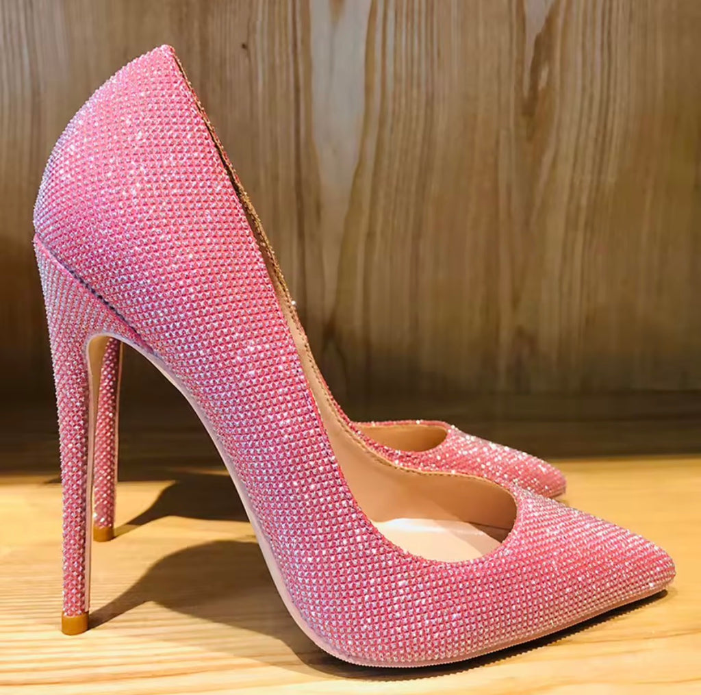Pink Rhinestone Heels, Sparkly Crystal Stiletto Pumps, Pointed Toe Bling High Heels, Glam Wedding Shoes, Prom & Evening Shoes, Statement Heels