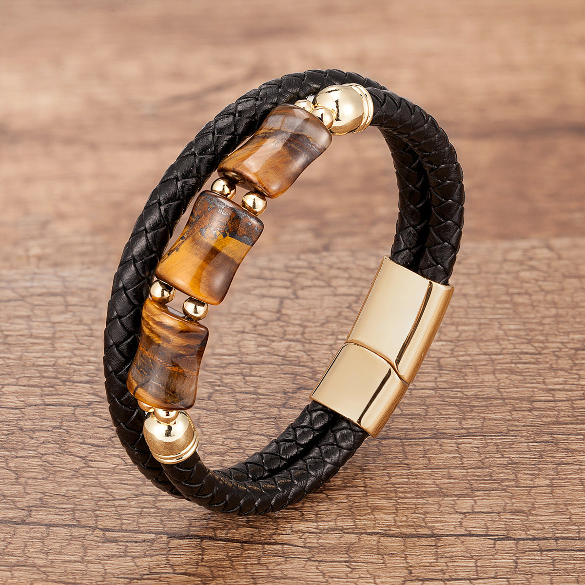 New Bamboo Tiger Eye Stone Handmade Leather Braided Bracelet