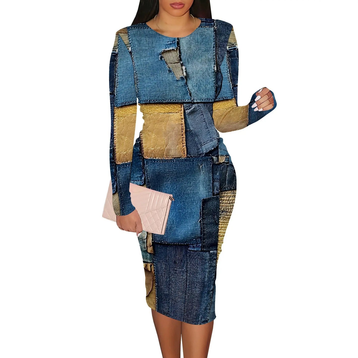 Women's Casual Printed Long-sleeve Round-collar Dress JNi3 shop