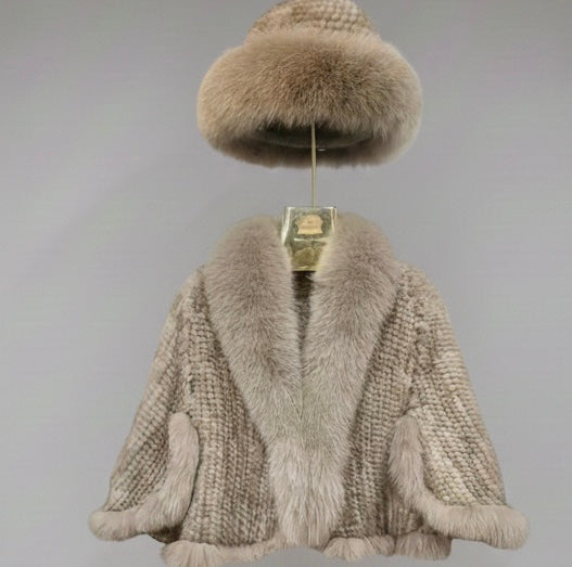 Mink fur ponchos and Hat set|Fox Fur trim