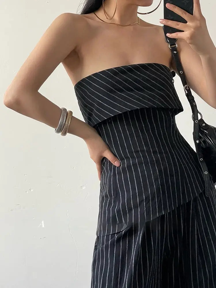 Retro Hot Girl Striped Tube Top Vest Women's Cotton Linen Casual Wide-leg Pants Suit Cjdropshipping