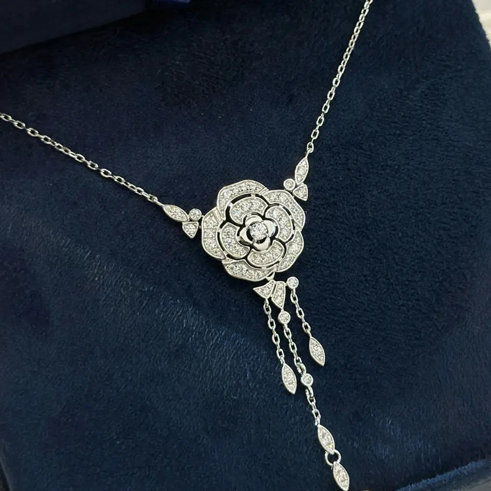 Female 925 Silver Inlaid Zirconia Diamond Camellia Tassel Necklace Cjdropshipping
