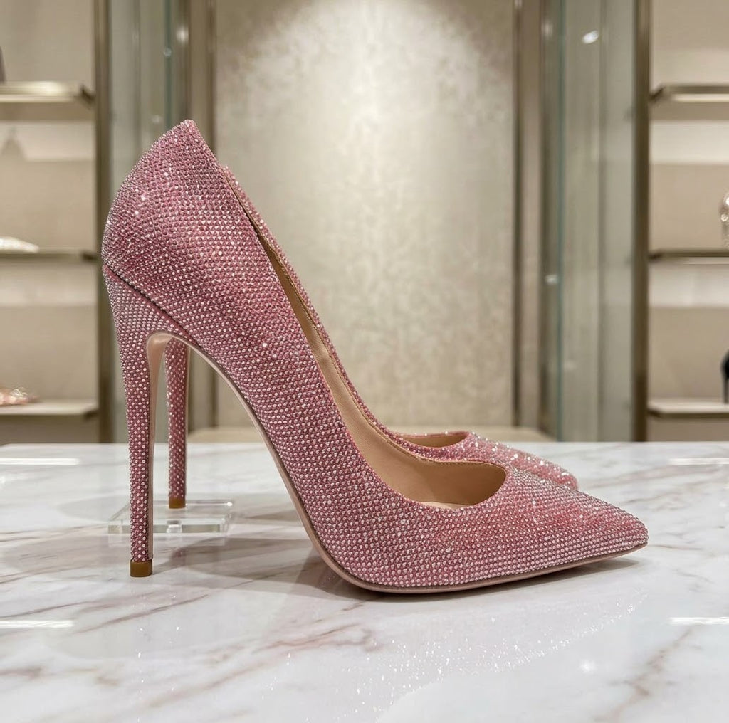 Pink Rhinestone Heels, Sparkly Crystal Stiletto Pumps, Pointed Toe Bling High Heels, Glam Wedding Shoes, Prom & Evening Shoes, Statement Heels