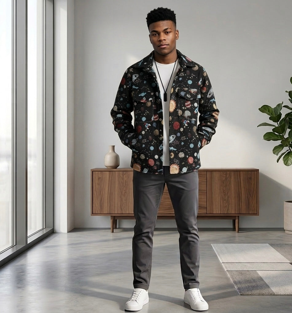Thick Retro Men's Tapestry Jacket | Vintage Inspired Graffiti and Solar System Streetwear Shacket | Heavyweight Patterned Button-Down Coat