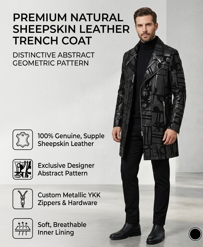Men’s Genuine Sheepskin Leather Trench Coat – Black Graphic Print Real Leather Long Jacket