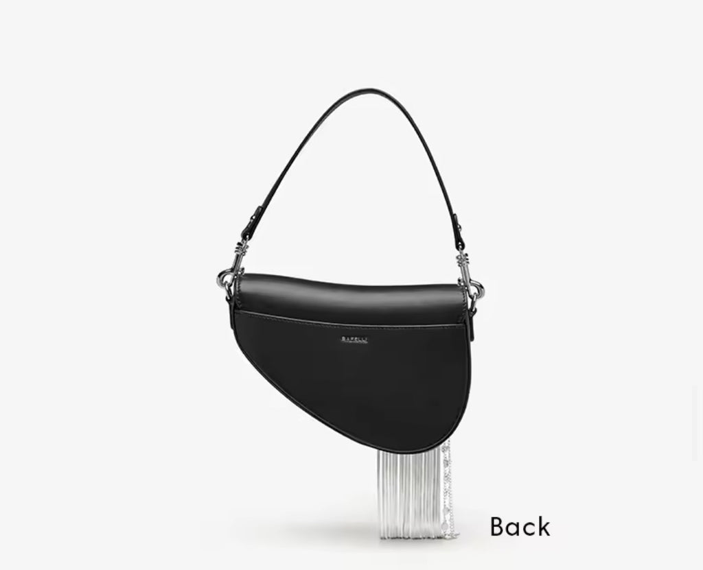 Bafelli Black Saddle Bag with Crystal Fringe & Silver Chain | Luxury Designer Handbags