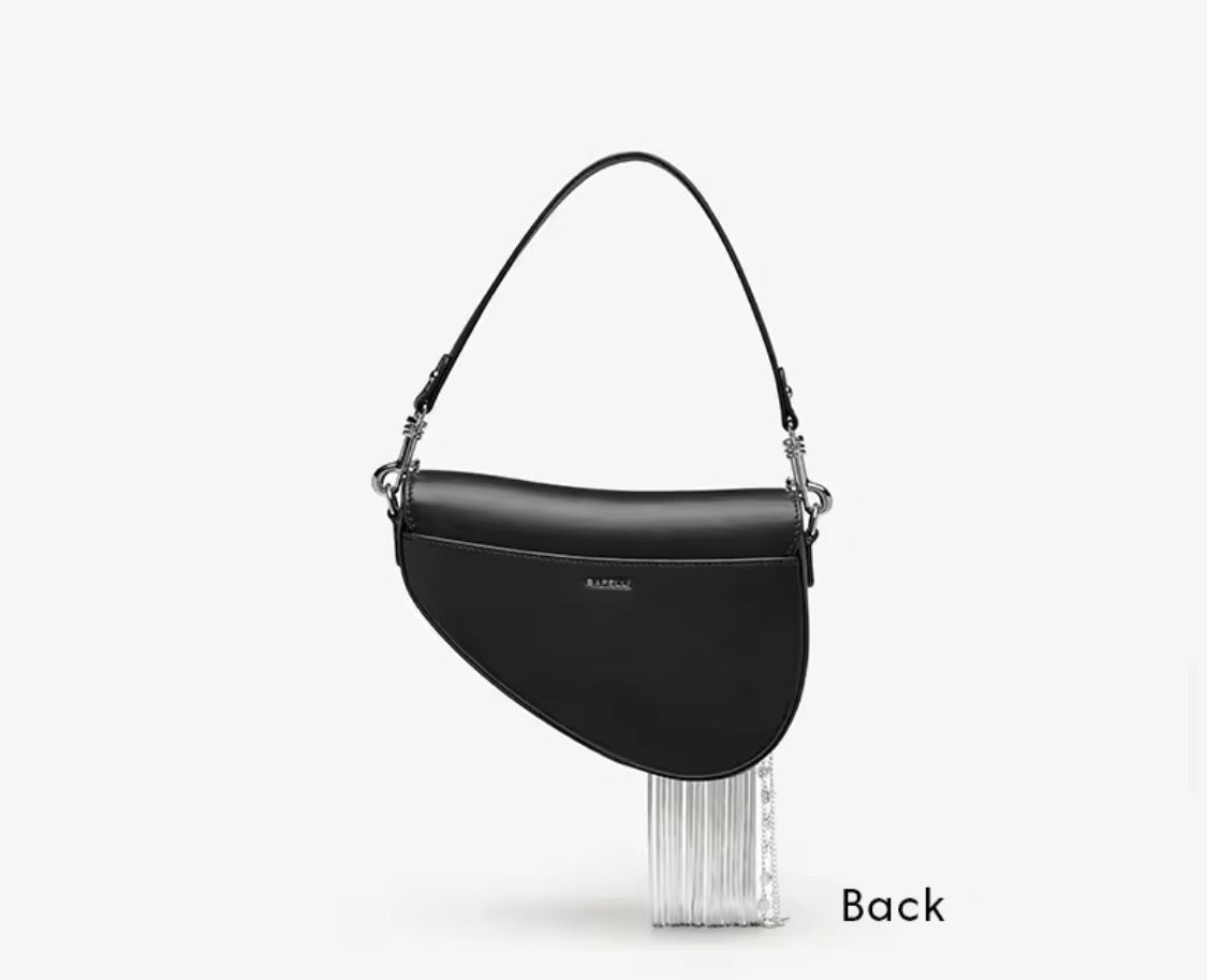 Bafelli Black Saddle Bag with Crystal Fringe & Silver Chain | Luxury Designer Handbags