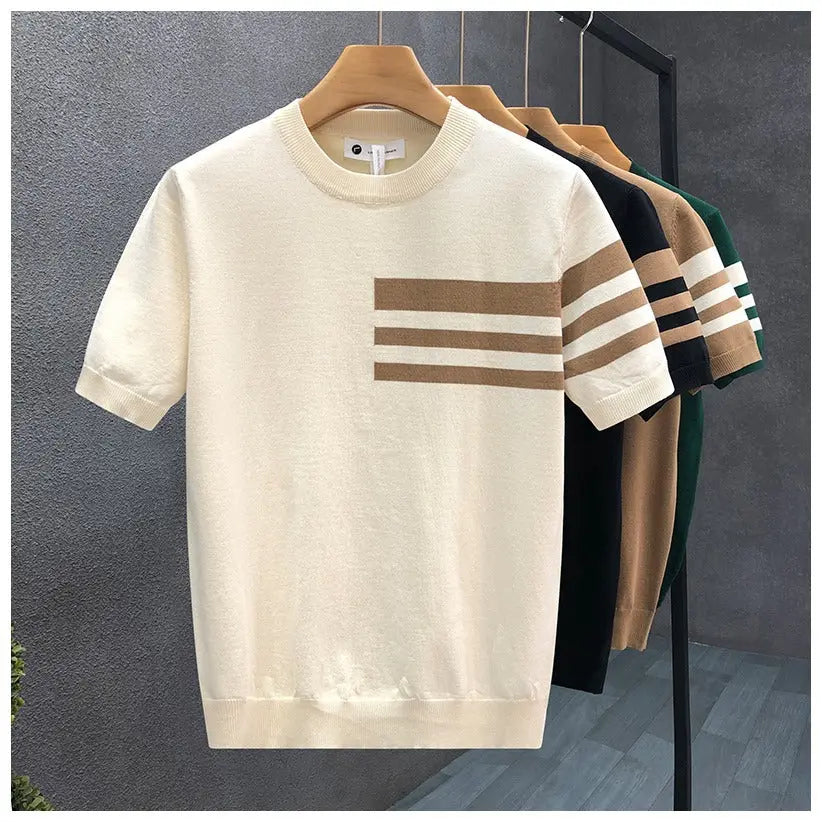 Trendy All-match Round Neck Knitted Short Sleeve Contrast Color Thin T-shirt Dropshipman